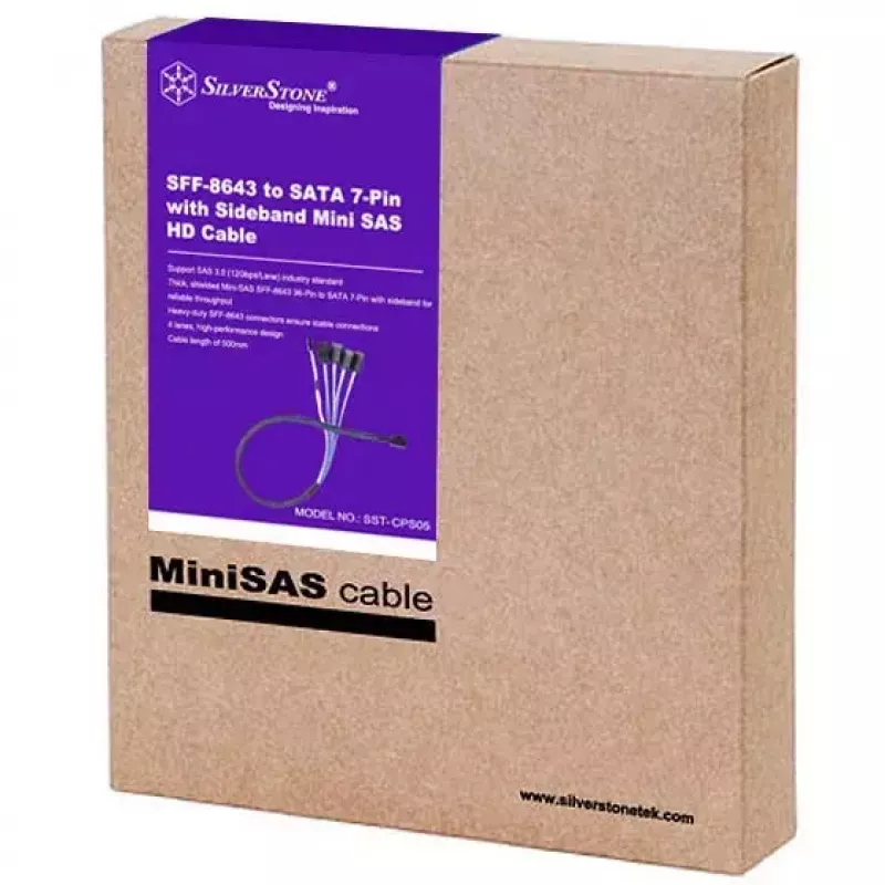 SilverStone SST-CPS05 Mini-SAS HD (SFF-8643) - SATA 7-pin -kaapeli sideband-signaaleilla, 4-kaistainen, SAS 12 Gbit/s, 0,5 m, musta