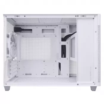 PC-kotelo ASUS Prime AP201 MicroATX Mini Tower valkoinen — tukee microATX, GPU enintään 338 mm, 3×3,5 tuuman + 1×2,5 tuuman asemat, USB-A 3.2 Gen1×2, USB-C 3.2 Gen2×1