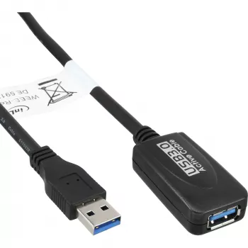 InLine USB3.2 Gen.1 aktiivinen toistinkaapeli Type-A uros / naaras, musta, 5m
