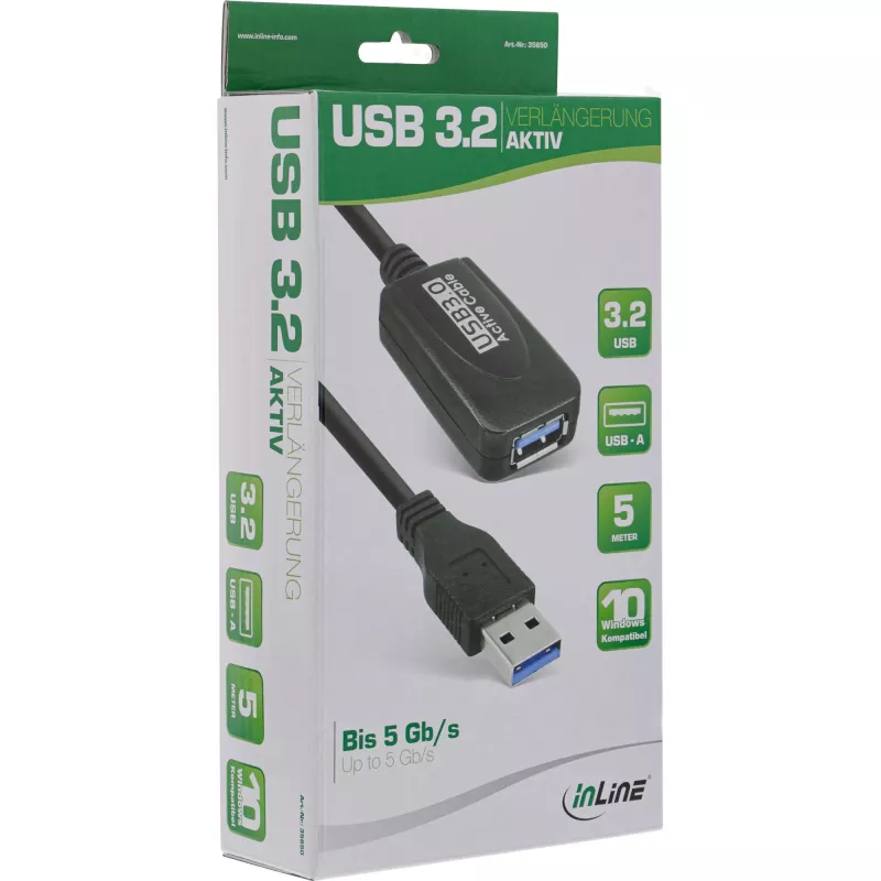 InLine USB3.2 Gen.1 aktiivinen toistinkaapeli Type-A uros / naaras, musta, 5m