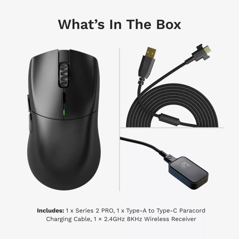 Langaton pelihiiri GLORIOUS Series 2 PRO (oikeakätisille) – 26 000 DPI, RF Wireless + USB‑C, 4K/8K Hz, 6 painiketta, musta