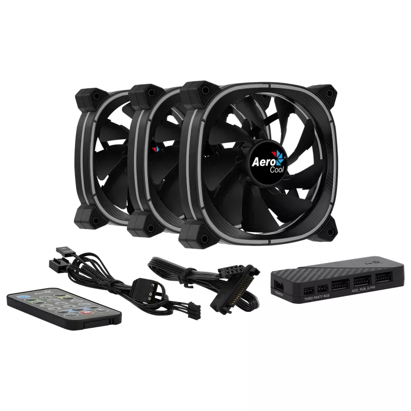 Aerocool ASTRO12PRO -sarja 3 tuuletinta PC 12 cm LED RGB tärinänvaimennus kaukosäädin