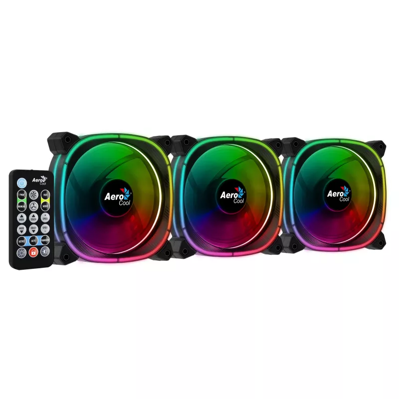 Aerocool ASTRO12PRO -sarja 3 tuuletinta PC 12 cm LED RGB tärinänvaimennus kaukosäädin