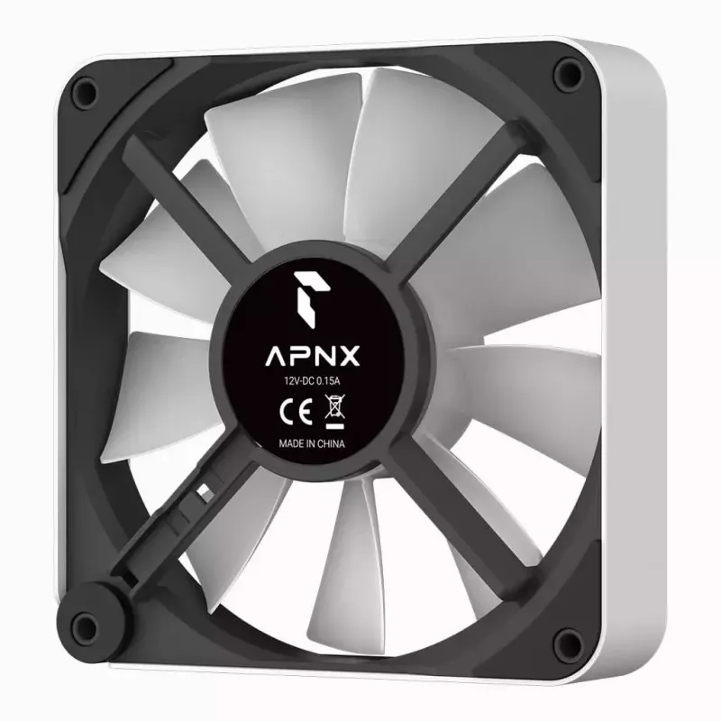 APNX FP2-120 PWM ARGB kotelotuuletin, 120 mm, 500–1800 rpm, 83,85 CFM, 34,8 dB, valkoinen