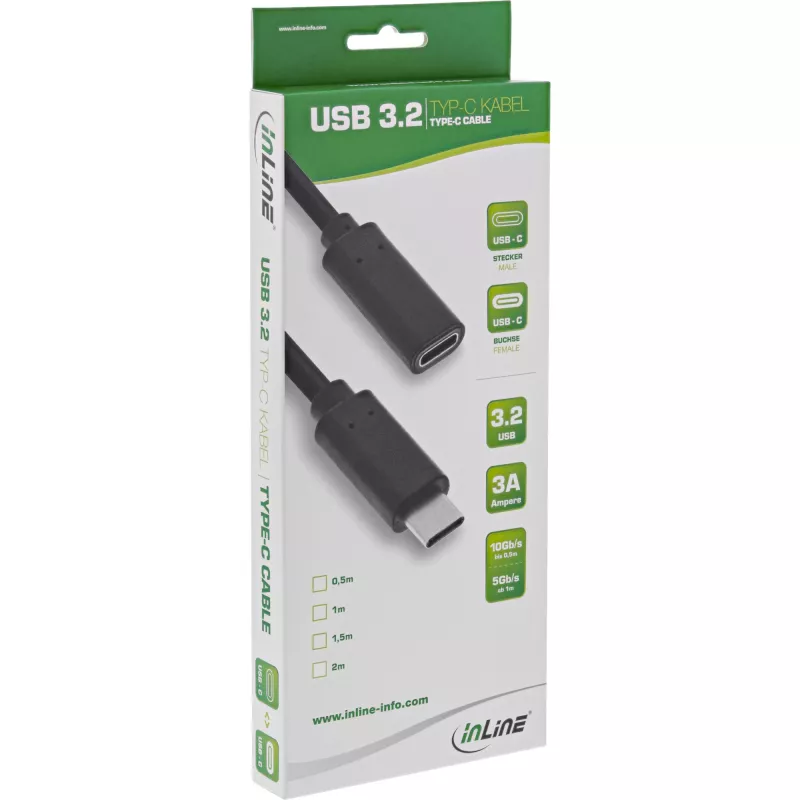 USB 3.2 Gen.1x2 -jatkokaapeli InLine 35772 2m USB-C uros/naaras musta