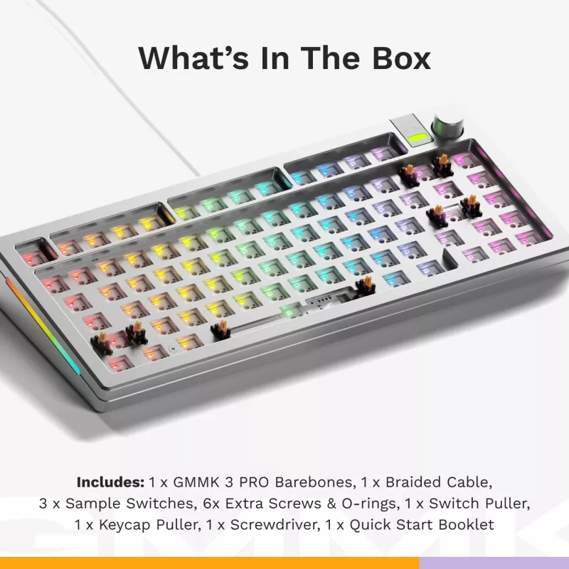 Glorious Gaming GMMK 3 PRO 75% Barebones Wired Silver - US, 75%, johdollinen, USB, RGB LED, hopea