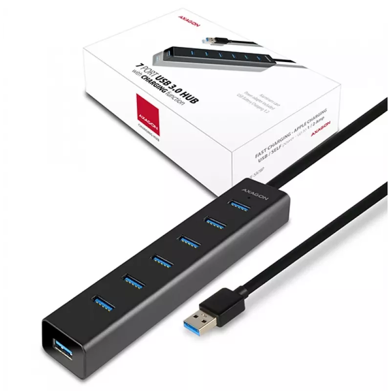 Axagon HUE-SA7BP 7x USB 3.0 ALU LATAUSKESKITIN musta sis. virtalähteen