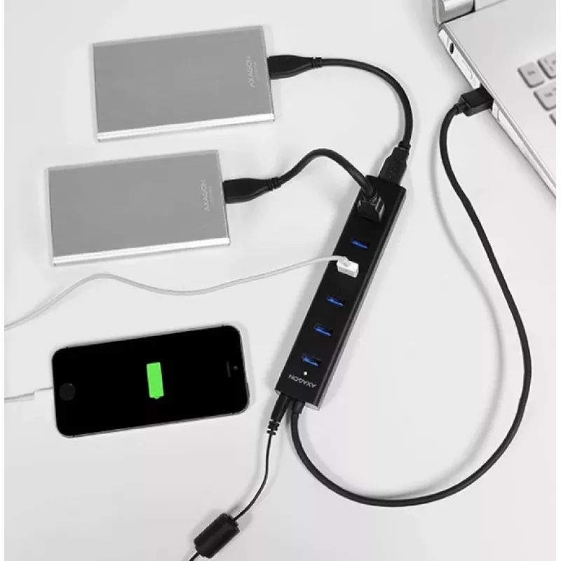 Axagon HUE-SA7BP 7x USB 3.0 ALU LATAUSKESKITIN musta sis. virtalähteen