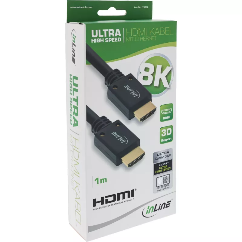 InLine Ultra High Speed HDMI -kaapeli M/M 8K4K kullattu, 1 m