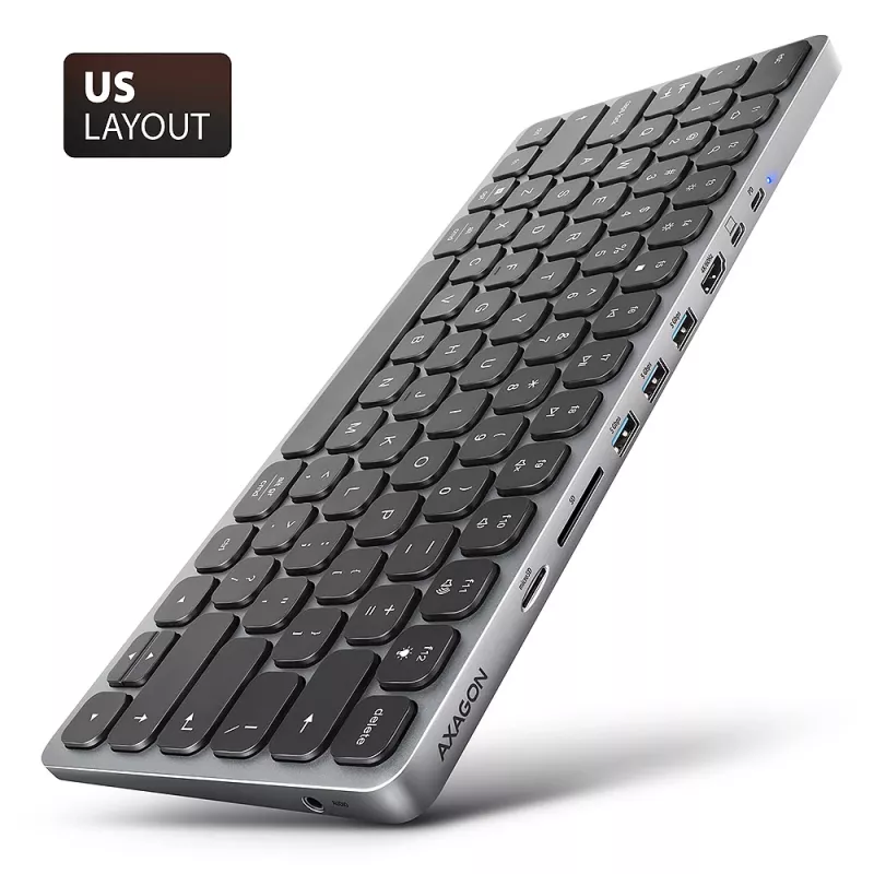Axagon HMC-KB-US, USB 5Gbps keskitin näppäimistöllä, HDMI 4K/60Hz, 3x USB-A, SD/mSD, ääni, PD 100, US-asettelu