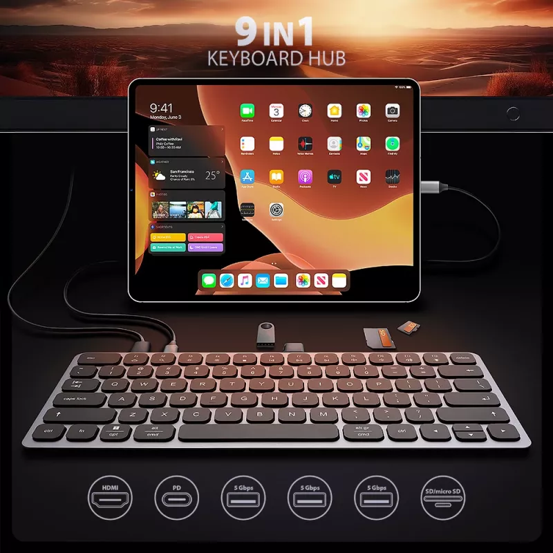 Axagon HMC-KB-US, USB 5Gbps keskitin näppäimistöllä, HDMI 4K/60Hz, 3x USB-A, SD/mSD, ääni, PD 100, US-asettelu