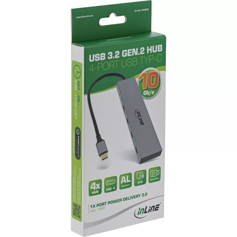 InLine USB 3.2 Gen.2 -keskitin (10 Gb/s), 4 porttia USB-C, OTG, alumiinikotelo