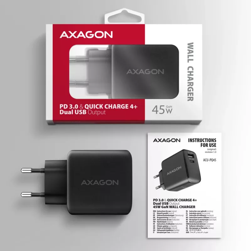 Laturi Axagon ACU-PQ45 QC 3.0 4.0 AFC FCP PPS PD 45W musta