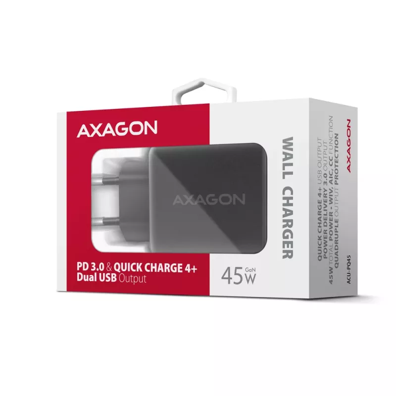 Laturi Axagon ACU-PQ45 QC 3.0 4.0 AFC FCP PPS PD 45W musta