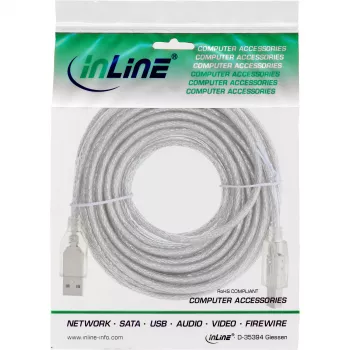 InLine USB 2.0 -kaapeli Type-A uros / Type-B uros, läpinäkyvä, 10 m
