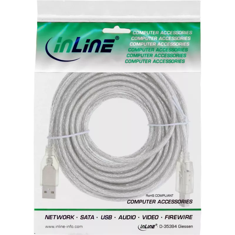 InLine USB 2.0 -kaapeli Type-A uros / Type-B uros, läpinäkyvä, 10 m