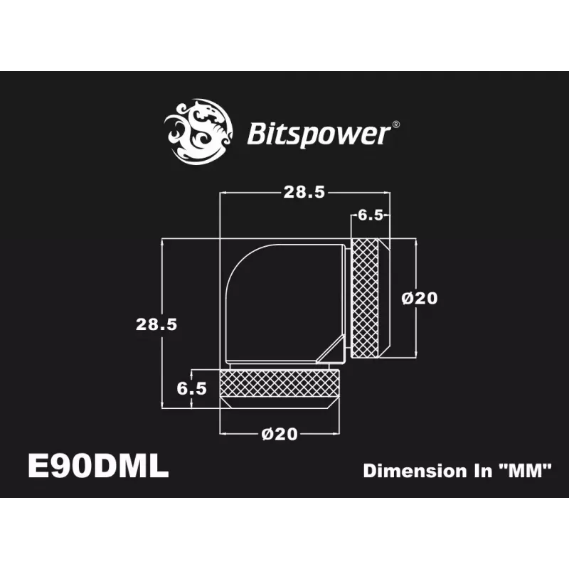 Kompressiokulma BitsPower Carbon musta BP-CBE90DML — messinki 90° liitin, musta carbon-ilme, 1 kpl