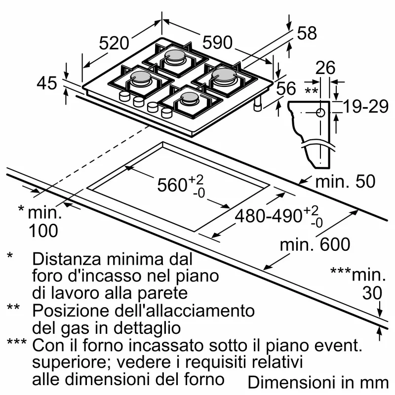 Bosch Serie 4 PNP6B6K40 keittolevy musta kalusteisiin upotettava 60 cm kaasu 4 vyöhykettä