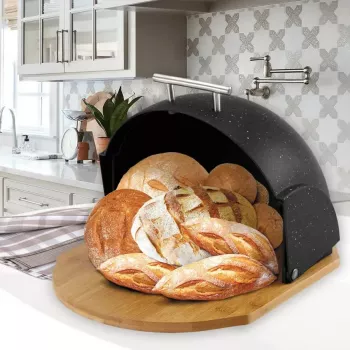 Leipärasia Maestro MR-1678G-Schwarz – soikea leivänsäilytysrasia, muovia ja bambukansi, 350×200×250 mm