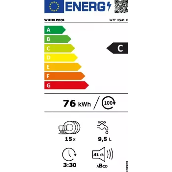 Vapaasti seisova astianpesukone WHIRLPOOL W7F HS41 X — 15 kattausastiaa, 41 dB, täysikokoinen 60 cm