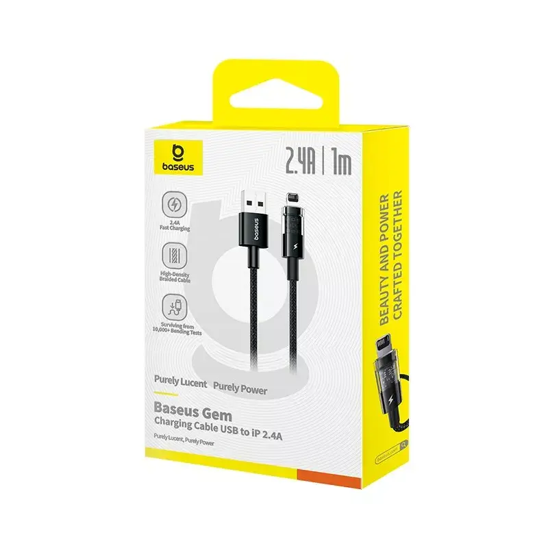 USB-latauskaapeli Baseus Gem P10373003111-00, 1 m, 2,4 A, nylonpäällyste, Lightning, USB-A, musta