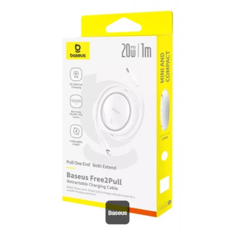 BASEUS Free2pull Expandable USB C To Ip Ligtning Fast Charging kaapeli 1 M 20 W valkoinen