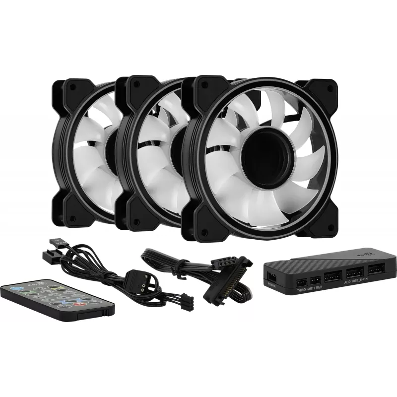 Aerocool MIRAGE12PRO sarja 3xTuuletin PC 12cm ARGB 6 Pins Hub hiljainen musta