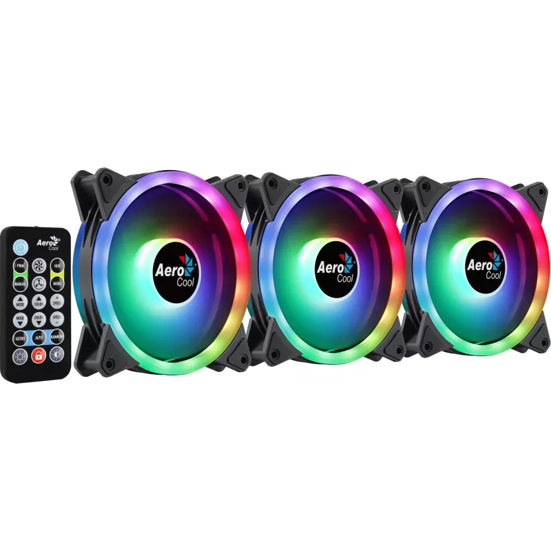 Aerocool DUO12PRO sarja 3x tuuletin 12 cm ARGB LED Dual-Ring tärinänvaimennus 6 Pins, musta