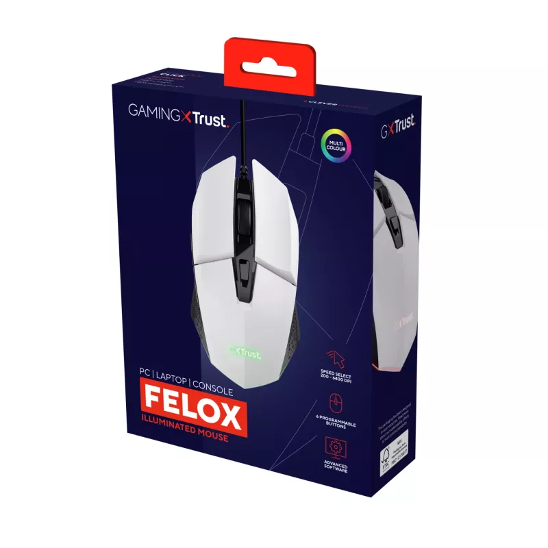 Trust GXT 109W Felox -hiiri, peli, oikeakätisille, USB Type-A, optinen, 6400 DPI
