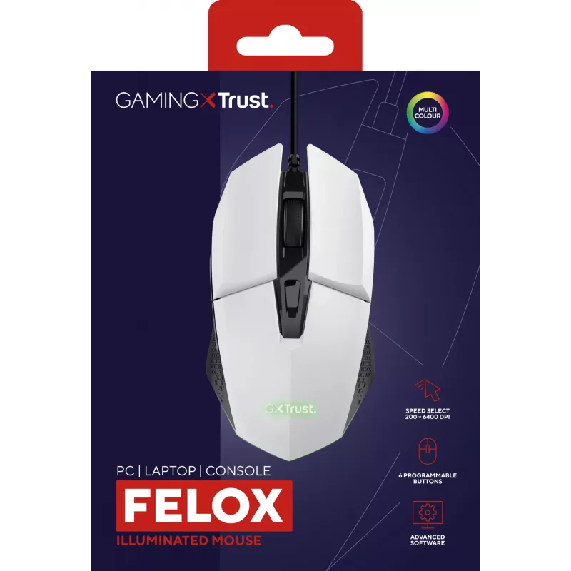 Trust GXT 109W Felox -hiiri, peli, oikeakätisille, USB Type-A, optinen, 6400 DPI