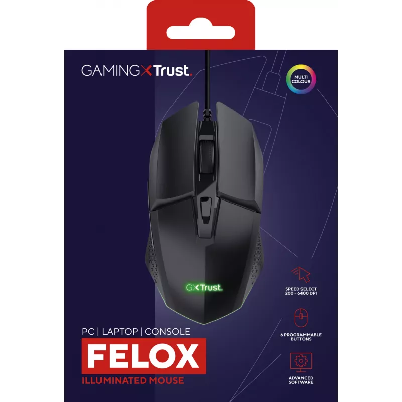 Trust GXT 109 Felox -hiiri, peli, oikeakätisille, USB Type-A, optinen, 6400 DPI