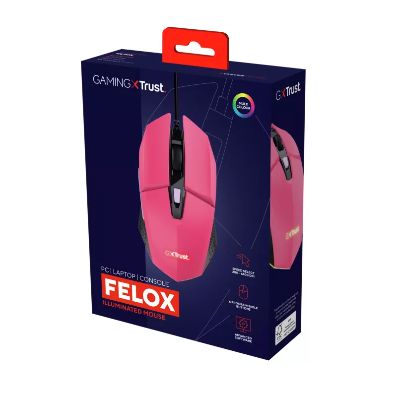 Trust GXT 109P FELOX -hiiri, peli, molempikätisille, USB Type-A, 6400 DPI
