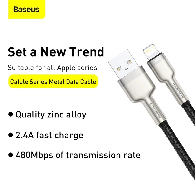 BASEUS Fast Charge Cafule tiedonsiirtokaapeli - USB Type-A - Lightning - 480 Mbit/s (2,4 A PD) - 1 m - musta