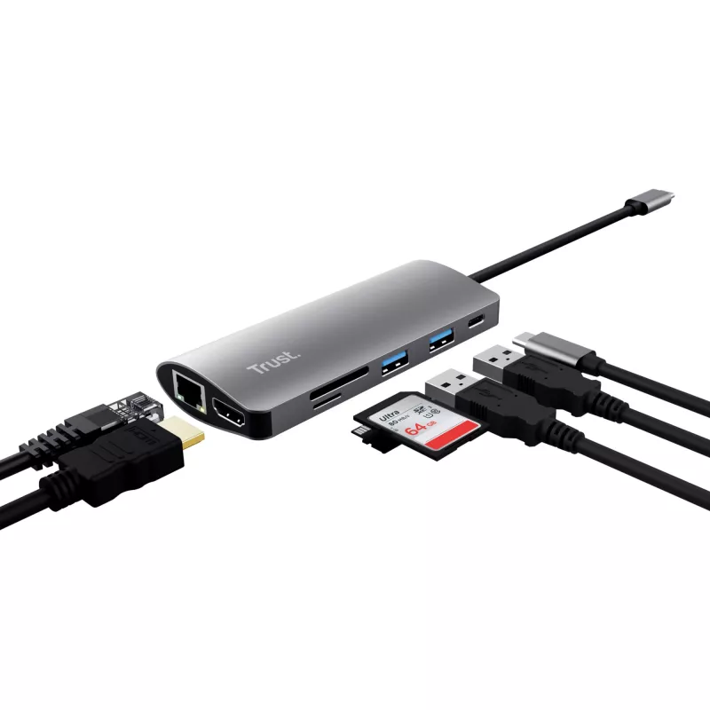 Trust Dalyx 23775 7-in-1 USB-C-monitoimiadapteri, USB-C 3.2, HDMI, RJ-45 Gigabit Ethernet, SD/microSD-kortinlukija, hopea
