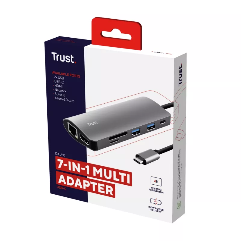 Trust Dalyx 23775 7-in-1 USB-C-monitoimiadapteri, USB-C 3.2, HDMI, RJ-45 Gigabit Ethernet, SD/microSD-kortinlukija, hopea