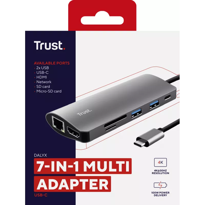 Trust Dalyx 23775 7-in-1 USB-C-monitoimiadapteri, USB-C 3.2, HDMI, RJ-45 Gigabit Ethernet, SD/microSD-kortinlukija, hopea