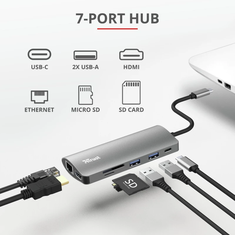 Trust Dalyx 23775 7-in-1 USB-C-monitoimiadapteri, USB-C 3.2, HDMI, RJ-45 Gigabit Ethernet, SD/microSD-kortinlukija, hopea