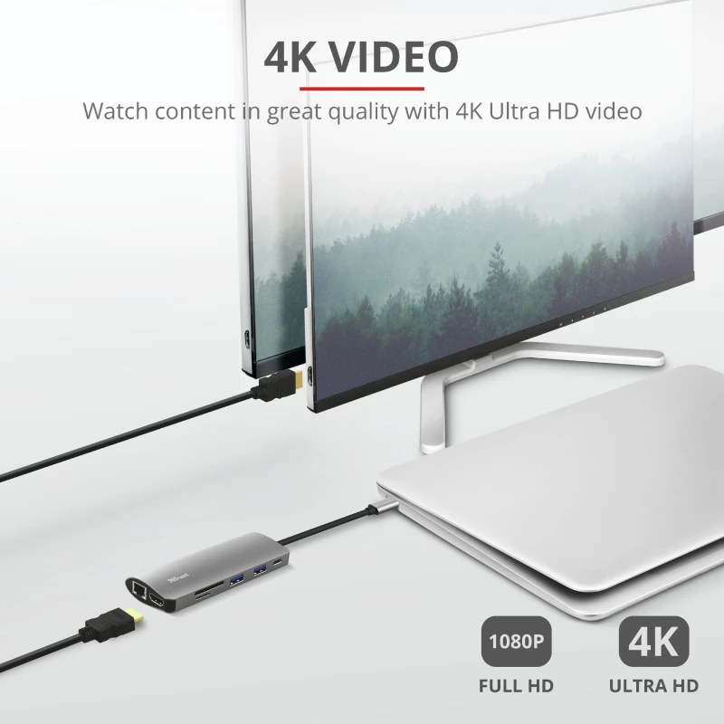 Trust Dalyx 23775 7-in-1 USB-C-monitoimiadapteri, USB-C 3.2, HDMI, RJ-45 Gigabit Ethernet, SD/microSD-kortinlukija, hopea