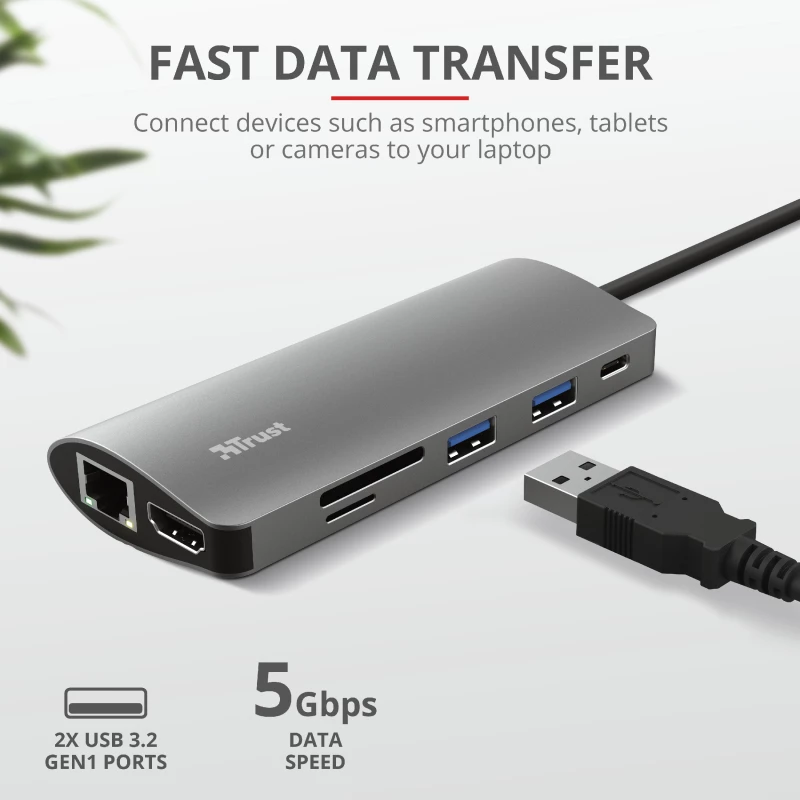 Trust Dalyx 23775 7-in-1 USB-C-monitoimiadapteri, USB-C 3.2, HDMI, RJ-45 Gigabit Ethernet, SD/microSD-kortinlukija, hopea