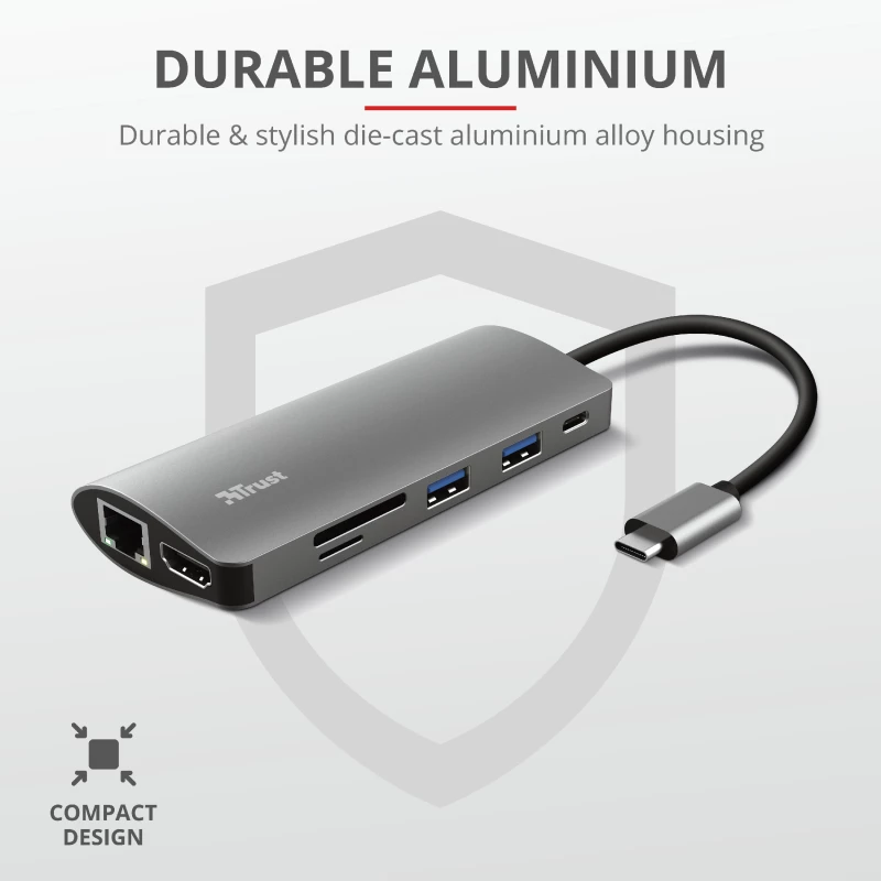Trust Dalyx 23775 7-in-1 USB-C-monitoimiadapteri, USB-C 3.2, HDMI, RJ-45 Gigabit Ethernet, SD/microSD-kortinlukija, hopea