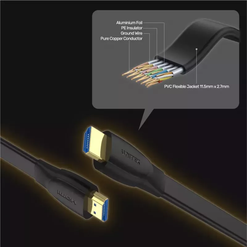 HDMI-kaapeli Unitek C11063BK-2M 2 m, HDMI 2.0, 18 Gbit/s, 4K@60Hz, ARC, litteä musta