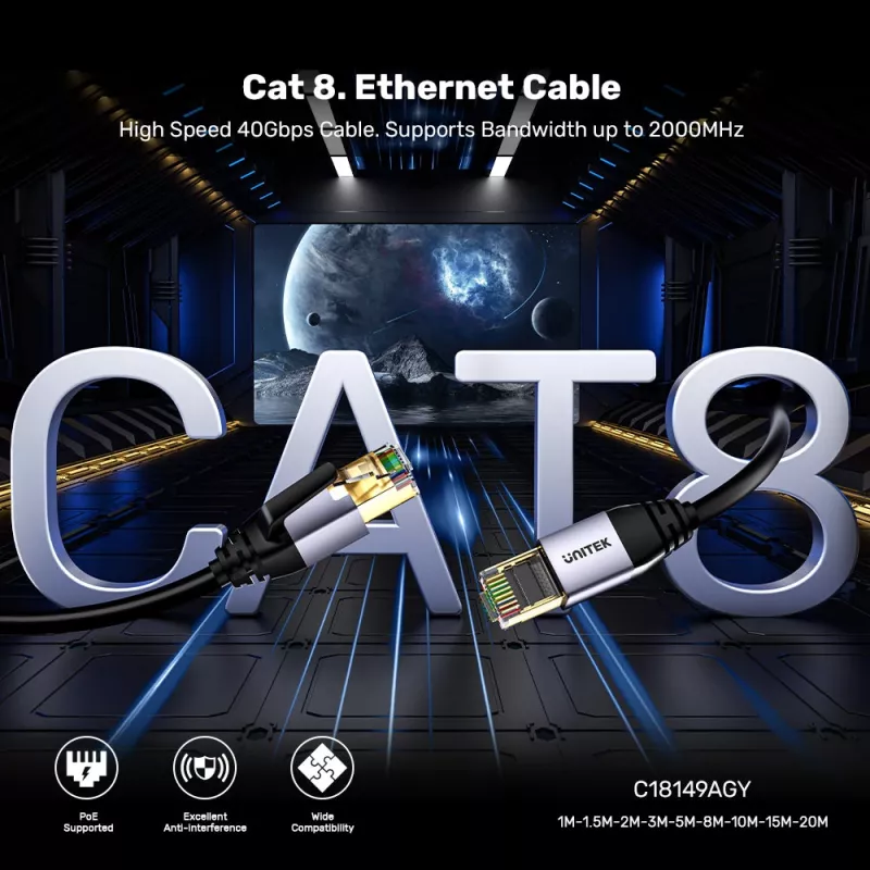 Unitek Ethernet-kaapeli RJ-45 LAN Cat.8 (S/FTP) 1 m