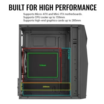 PC-kotelo AEROCOOL Raider Mini G V3 Mini-ITX / microATX, musta, sivulasiseinä, vihreä LED, max. GPU 285 mm, CPU-jäähdytin 159 mm