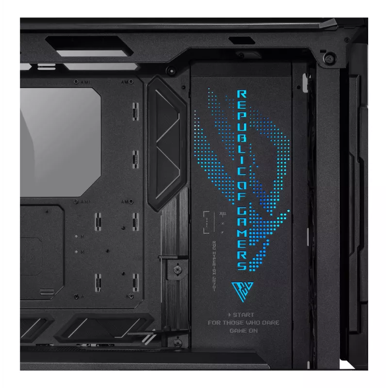 PC-kotelo ASUS ROG Hyperion GR701 BTF Edition Tower — musta, karkaistu lasi, tuki E-ATX/ATX/microATX, 46 cm GPU, 420 mm yläjäähdytin