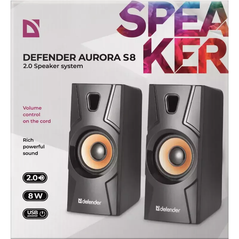 DEFENDER Aurora S8 langallinen pöytäkaiutin — 2.0, 8 W RMS, USB-virransyöttö, 3,5 mm, musta