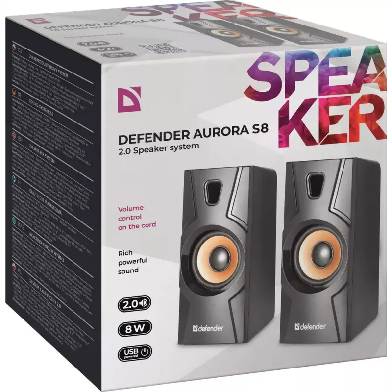 DEFENDER Aurora S8 langallinen pöytäkaiutin — 2.0, 8 W RMS, USB-virransyöttö, 3,5 mm, musta