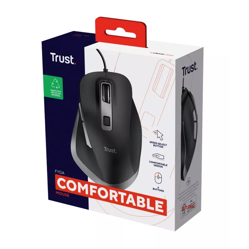 Trust Fyda johdollinen hiiri, oikeakätinen, optinen, USB Type-A, 5000 dpi, musta