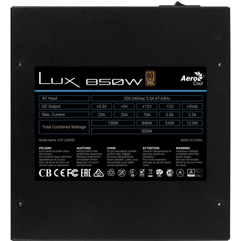 Aerocool LUX850 tietokoneen virtalähde 850W 80 Plus Bronze 230V 88% hyötysuhde musta