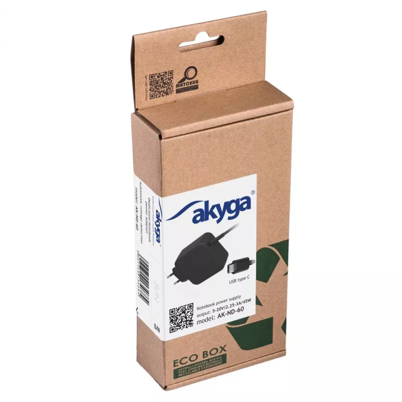 Akyga AK-ND-60 USB-C-kannettavan tietokoneen virtalähde 45 W, Power Delivery, 5–20 V, 1,2 m