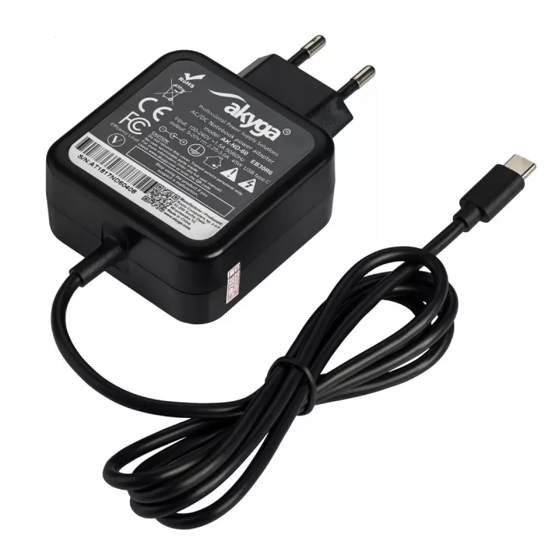 Akyga AK-ND-60 USB-C-kannettavan tietokoneen virtalähde 45 W, Power Delivery, 5–20 V, 1,2 m